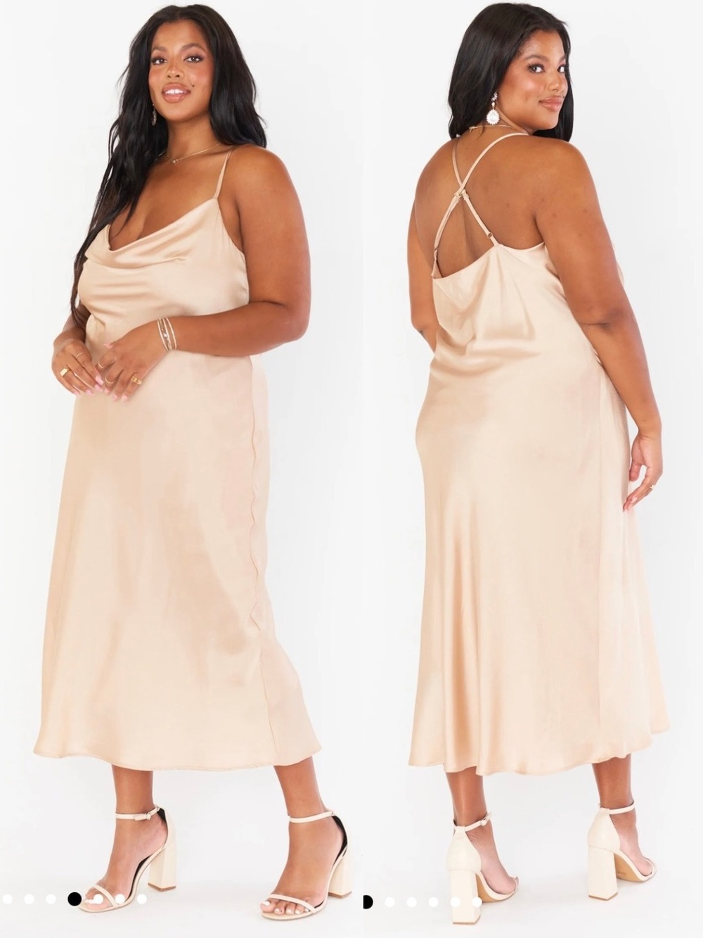 Show Me Your Mumu Verona Cowl Neck Satin Slip Midi Dress Champagne Lux Wedding